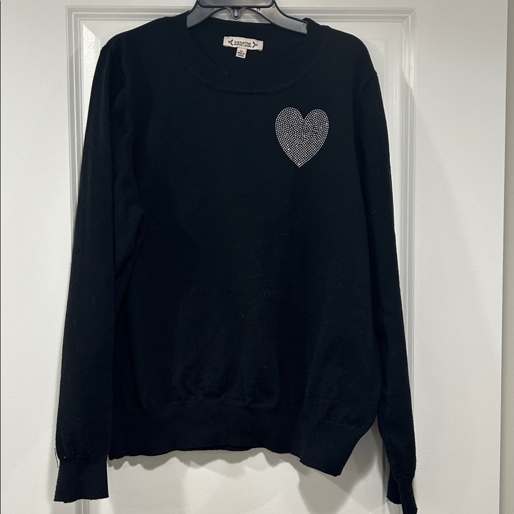 Nanette Lepore Black Knit Top with Rhinestone Heart